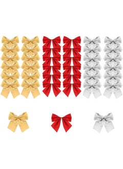 ACLIX Christmas Ribbon Bows Ornaments Mini Xmas Tree Bowknot Decoration Velvet Ribbon Bows Glitter Bow Xmas Tree Hanging Ornaments for Wreaths Gift Wrapping Supplies, Red/Gold/Silver  - Image 1