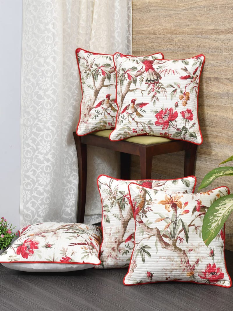 Clasiko Cushion Covers Set of 5; 22x22 Inches; Red Flowers & Birds - Image 4