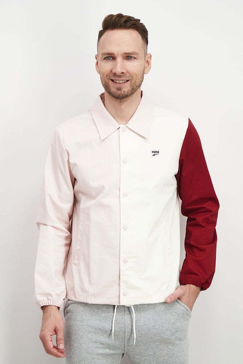 PUMA Men Sportwear Fit Long Sleeve Colorblock Coach Jacket, Pink Combo - Image 1