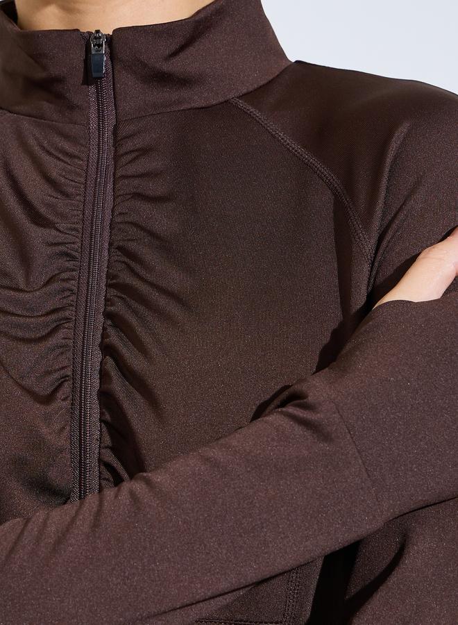 ستايلي اكتيف توب بسحاب نصفية وتفاصيل زم وفتحات إبهام - بني - Image 3