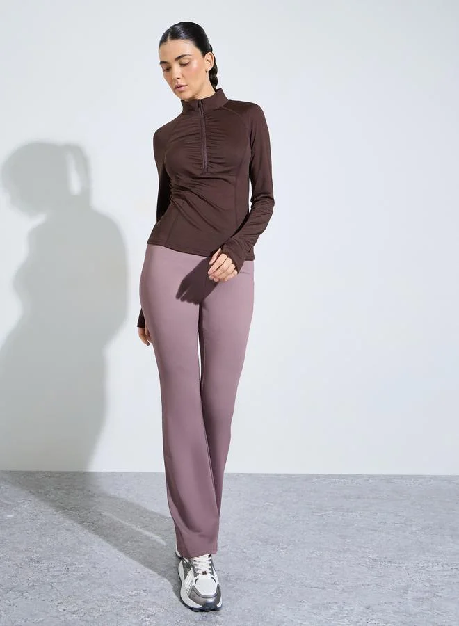 ستايلي اكتيف Brown Ruched Details Half Zip Up Thumbhole Top