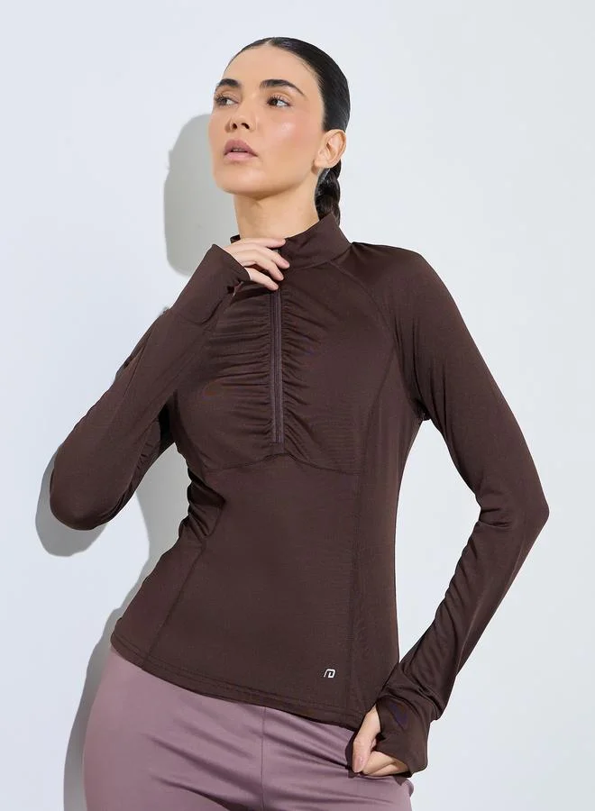 ستايلي اكتيف Brown Ruched Details Half Zip Up Thumbhole Top