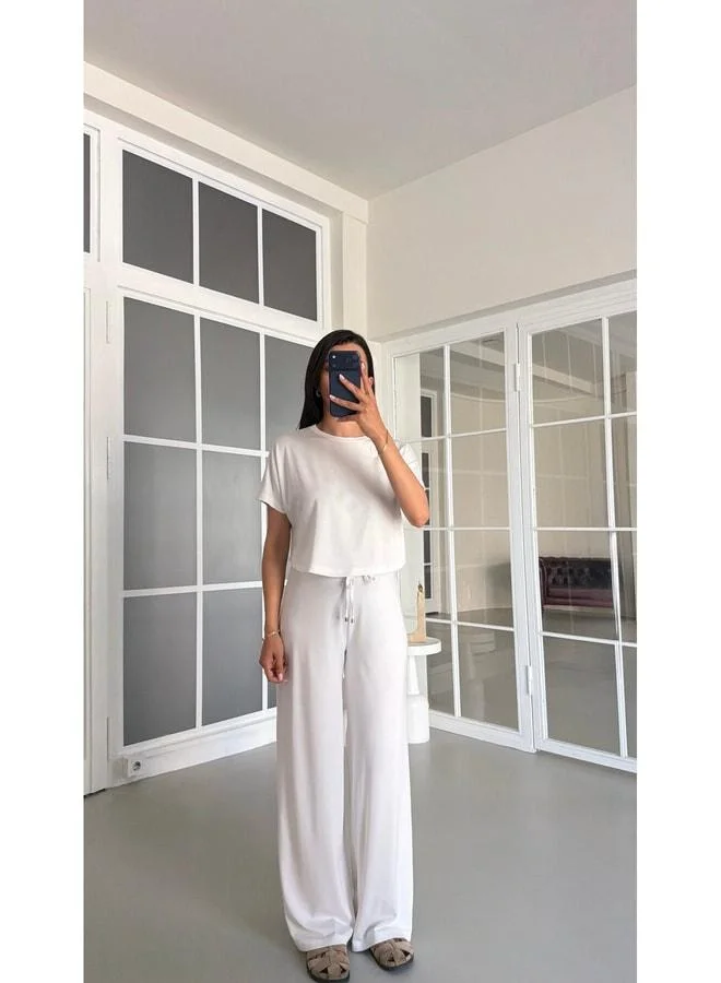 Gaus White Blouse with Waist-Elastic Pants Basic Two-Piece Set GAUS-01712.