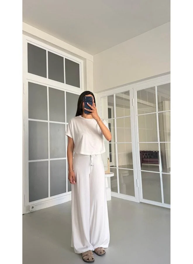 Gaus White Blouse with Waist-Elastic Pants Basic Two-Piece Set GAUS-01712.