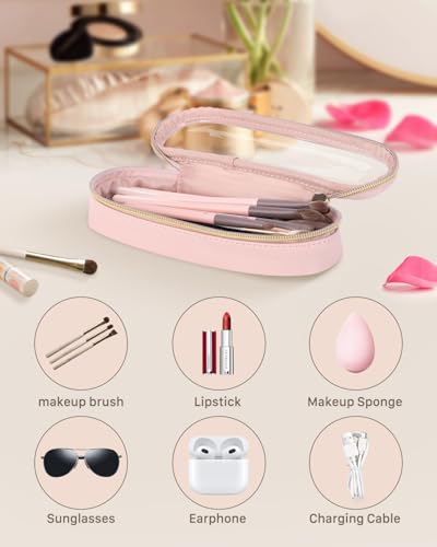Soimeat Clear Travel Makeup Brush Holder Leather Makeup Brush Toiletry Bag Portable Cosmetic Brush Case Transparent Waterproof Makeup Brush Storage Bag Pink Large - Image 3