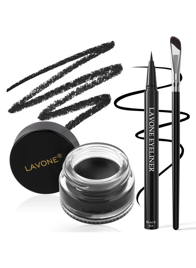 LAVONE Eyeliner Set - Waterproof Makeup Kit with Liquid Eye Liner Pencil, Gel Eyeliner and Angled Eye Liner Brush, Waterproof, Smudge Resistant, Long Lasting Formula - Black - Image 1