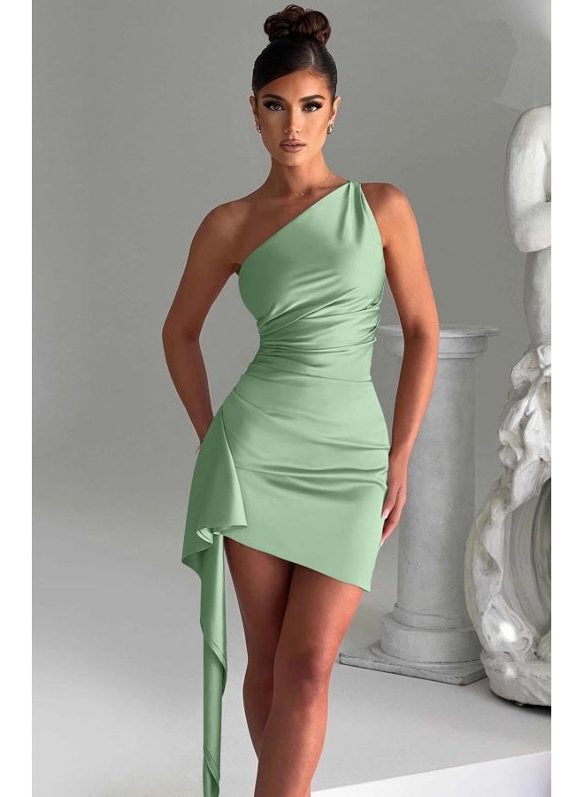 Memoriesea Women's One Shoulder Ruched Bodycon Sleeveless Mini Club Party Dress, Sage, S - Image 3