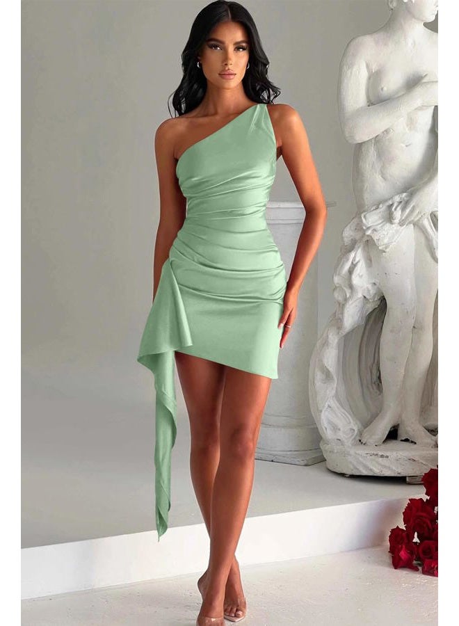 Memoriesea Women's One Shoulder Ruched Bodycon Sleeveless Mini Club Party Dress, Sage, S - Image 5