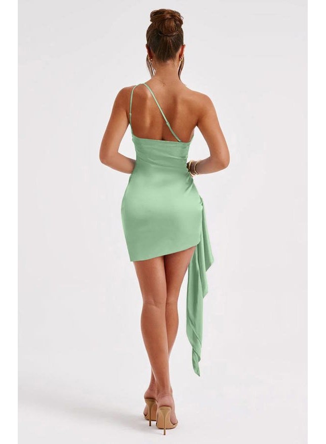 Memoriesea Women's One Shoulder Ruched Bodycon Sleeveless Mini Club Party Dress, Sage, S - Image 4
