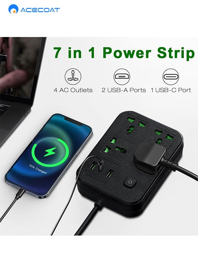 ACECOAT - Universal Power Cord Expansion Lead Socket, Wall Plug Adapter with,(2.1A)2 x USB, 1 x Type C and 4 Group Smart Power Outlets, Surge Protection UK Plug Power Strips for Home, Travel, Office (2M/Black) - Image 1