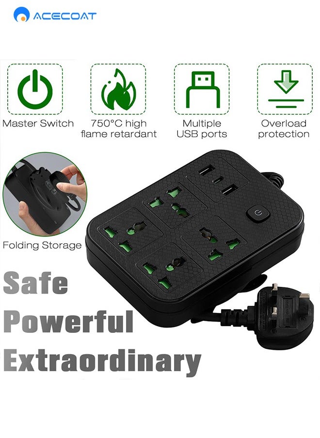 ACECOAT - Universal Power Cord Expansion Lead Socket, Wall Plug Adapter with,(2.1A)2 x USB, 1 x Type C and 4 Group Smart Power Outlets, Surge Protection UK Plug Power Strips for Home, Travel, Office (2M/Black) - Image 1