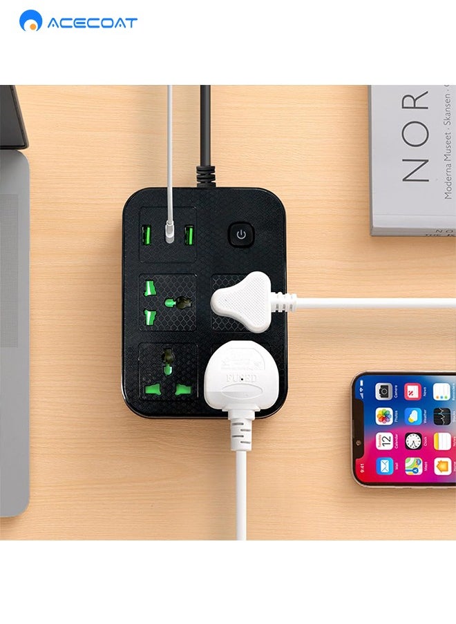 ACECOAT - Universal Power Cord Expansion Lead Socket, Wall Plug Adapter with,(2.1A)2 x USB, 1 x Type C and 4 Group Smart Power Outlets, Surge Protection UK Plug Power Strips for Home, Travel, Office (2M/Black) - Image 1