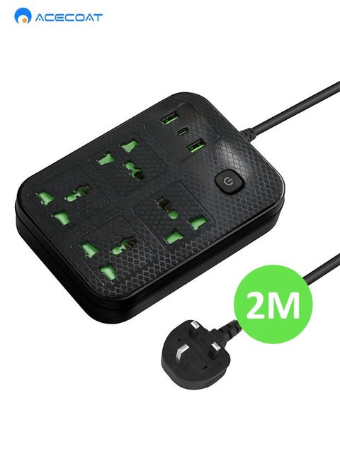 Universal Power Cord Expansion Lead Socket, Wall Plug Adapter with,(2.1A)2 x USB, 1 x Type C and 4 Group Smart Power Outlets, Surge Protection UK Plug Power Strips for Home, Travel, Office (2M/Black)