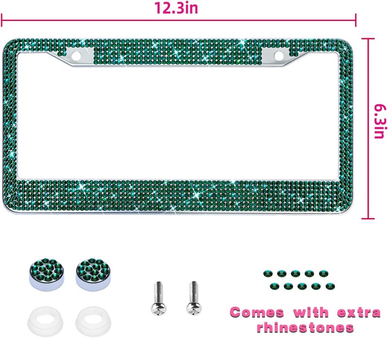 OKLPF Bling License Plate Frame for Women, Sparkly Stainless Steel License Plate Frames| Over 1200 pcs 14 Facets Bedazzled Clear Glass Diamond Rhinestone Crystals w/Free Glitter Diamond 1PCS Box (Green) - Image 2