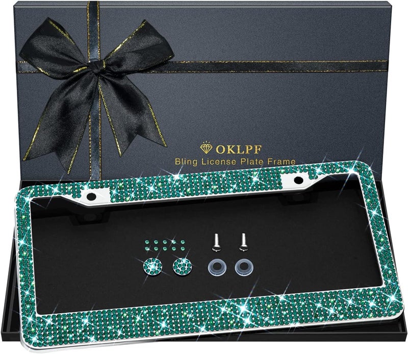 OKLPF Bling License Plate Frame for Women, Sparkly Stainless Steel License Plate Frames| Over 1200 pcs 14 Facets Bedazzled Clear Glass Diamond Rhinestone Crystals w/Free Glitter Diamond 1PCS Box (Green) - Image 1