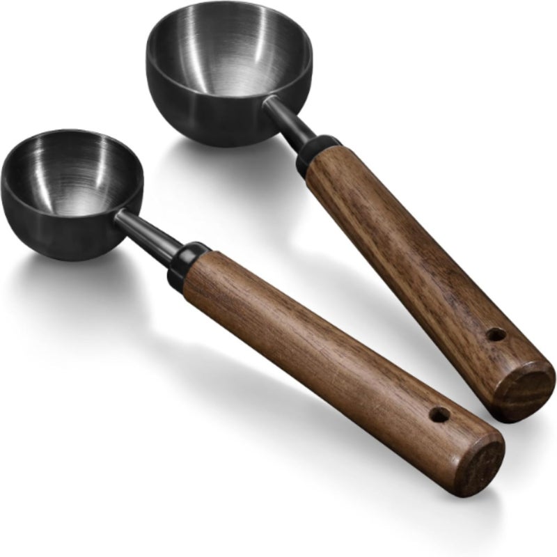 2 pieces of walnut long handle stainless steel coffee measuring spoon (15ml/30ml)  black - Image 1