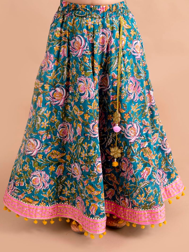 Pspeaches Cotton Girls Blue Pink Readymade Lehenga Set Blouse With Dupatta (Blue-4-5Y) - Image 3