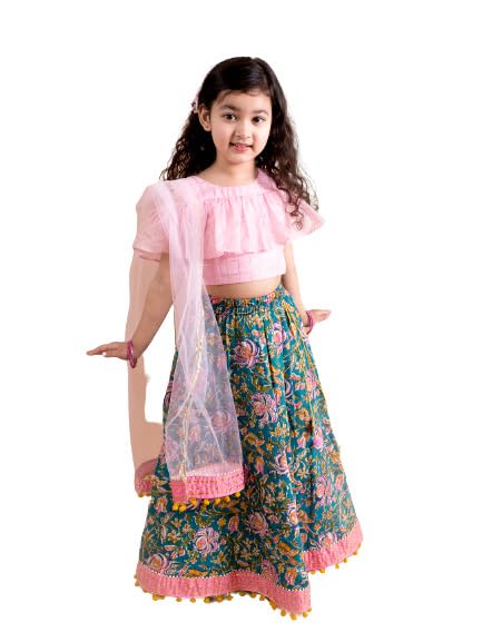 Pspeaches Cotton Girls Blue Pink Readymade Lehenga Set Blouse With Dupatta (Blue-4-5Y) - Image 4