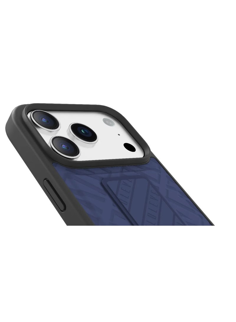 LEVELO iPhone 17 Pro Max Case Morphix Cuero Gripstand With Magnetic Strap For Secure Hold & Horizontal & Vertical Stand / Raised Edges / One-Hand Grip / Shock-Resistant Bumper / Luxury Printed Branding Back Cover / Slim Fit Design - Midnight Blue - Image 5