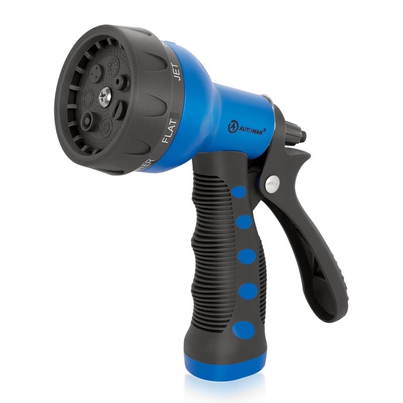 AUTOMAN-Garden-Hose-Nozzle,ABS Water Spray Nozzle with Heavy Duty 7 Adjustable Watering Patterns,Slip Resistant for Watering Plants,Lawn& Garden,Washing Cars,Cleaning,Showering Pets - Blue - Image 1