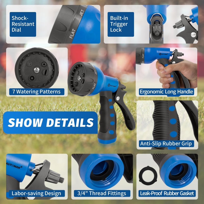 AUTOMAN-Garden-Hose-Nozzle,ABS Water Spray Nozzle with Heavy Duty 7 Adjustable Watering Patterns,Slip Resistant for Watering Plants,Lawn& Garden,Washing Cars,Cleaning,Showering Pets - Blue - Image 3