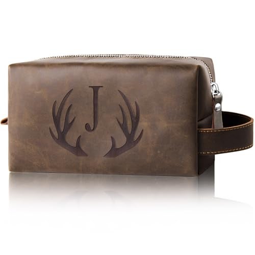 Aganmi Unique Fathers Day Birthday Gifts Engraved Initial Travel Toiletry Bag for Men Personalized PU Leather Waterproof Shaving Bag for Toiletries Accessories Travel Essentials for Him J - Image 1