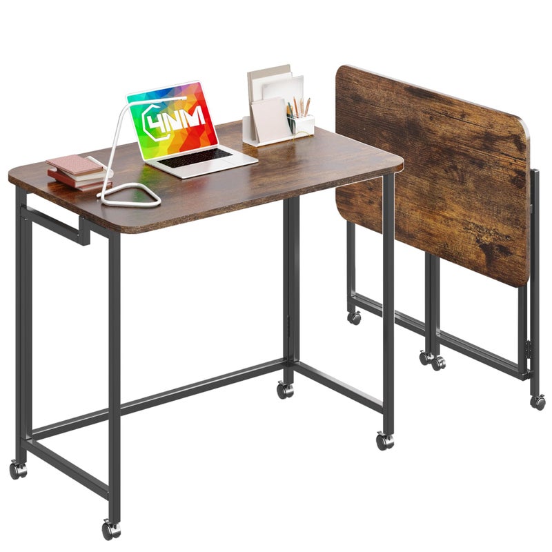 4NM 27.5" Mobile Small Rolling Computer Desk, Folding Laptop Cart Table with Wheels, Portable Office Desk for Small Space Couch Bed - Rustic Brown and Black - Image 1