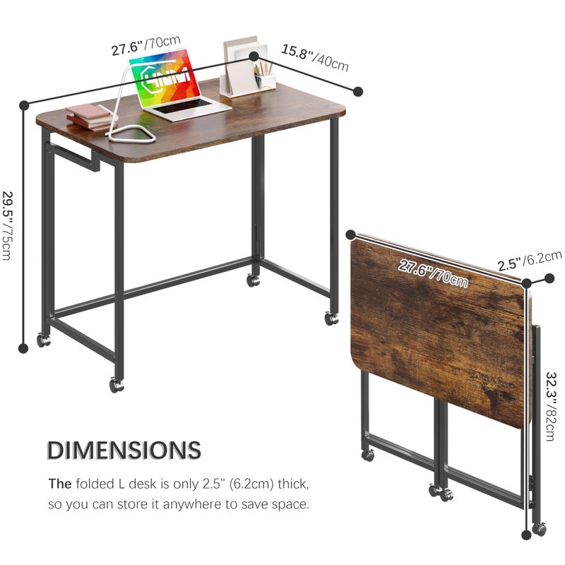4NM 27.5" Mobile Small Rolling Computer Desk, Folding Laptop Cart Table with Wheels, Portable Office Desk for Small Space Couch Bed - Rustic Brown and Black - Image 5