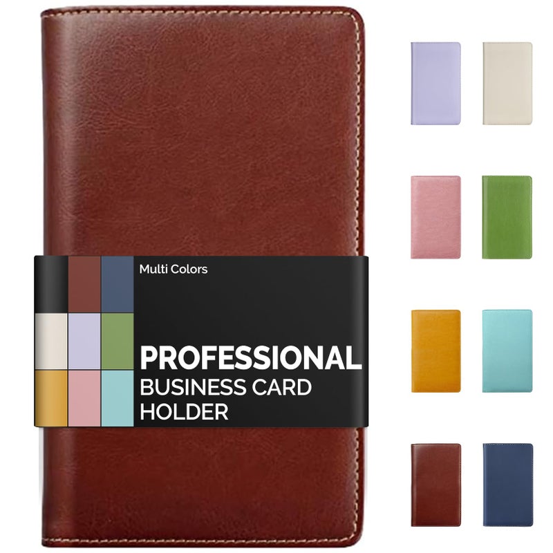 Sooez Leather Professional Business Card Book Holder Organizer, 240 Card Capacity PU Name Card Credit Cards Booklet (Brown) - Image 1