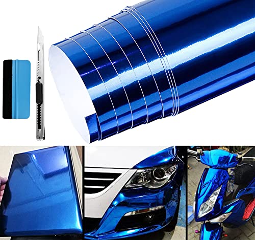 LZLRUN 1FT x 5FT Chrome Mirror Vinyl Wrap Adhesive Car Sticker Decal Film Blue 1FT x 5FT