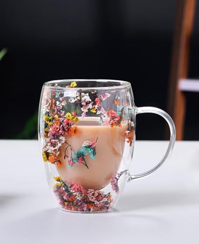 Rain House Double Glass Flower Tea Cup Aesthetic Preserved Flower Cup Cute Insulated Tea Cup with Handle Heat Resistant Leadfree Coffee Mugs Gifts for Birthday Mothers Day Perfect for Women Wife Mom D - Image 3