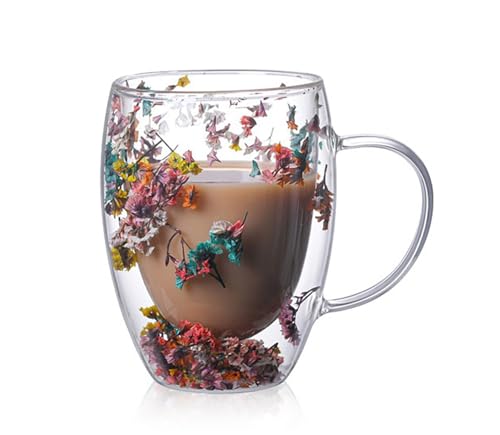 Rain House Double Glass Flower Tea Cup Aesthetic Preserved Flower Cup Cute Insulated Tea Cup with Handle Heat Resistant Leadfree Coffee Mugs Gifts for Birthday Mothers Day Perfect for Women Wife Mom D - Image 1