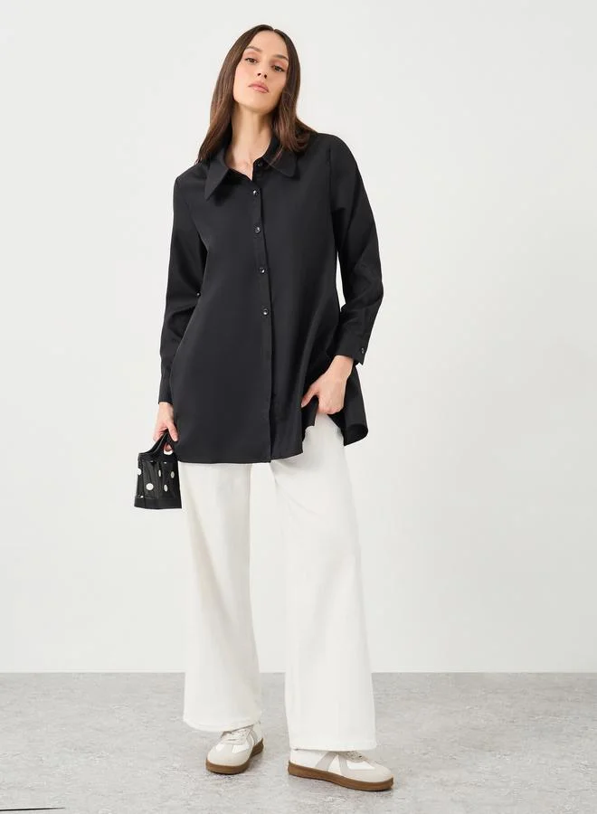 ستايلي Styli Black Plain Longline Flared Shirt with Buttons