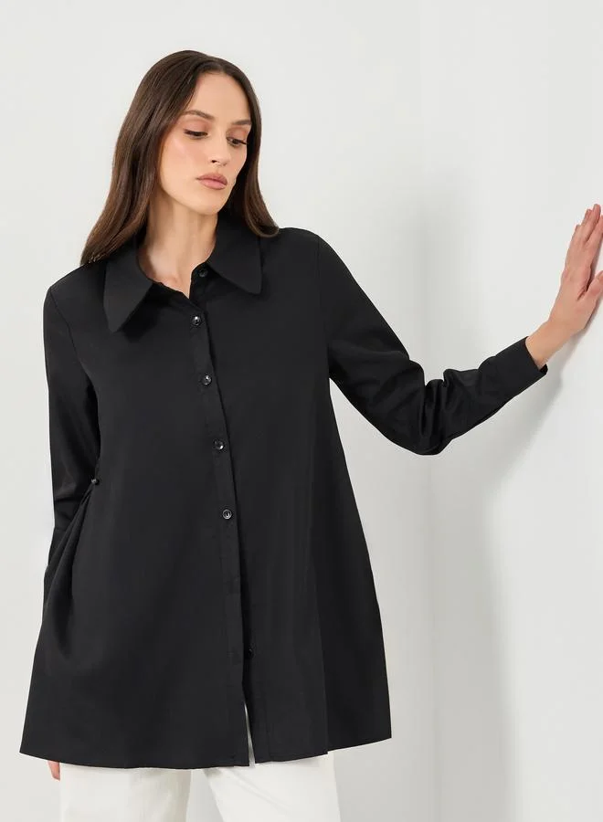 ستايلي Styli Black Plain Longline Flared Shirt with Buttons
