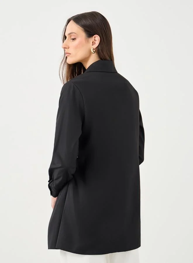 Styli Black Plain Longline Flared Shirt with Buttons