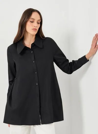 Styli Black Plain Longline Flared Shirt with Buttons