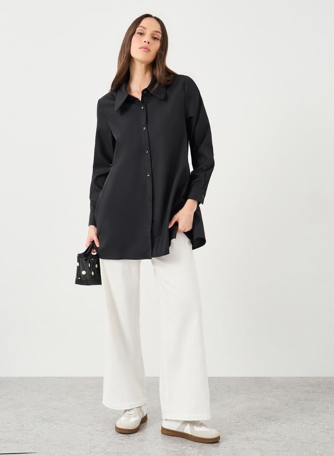 Styli Black Plain Longline Flared Shirt with Buttons - Image 2