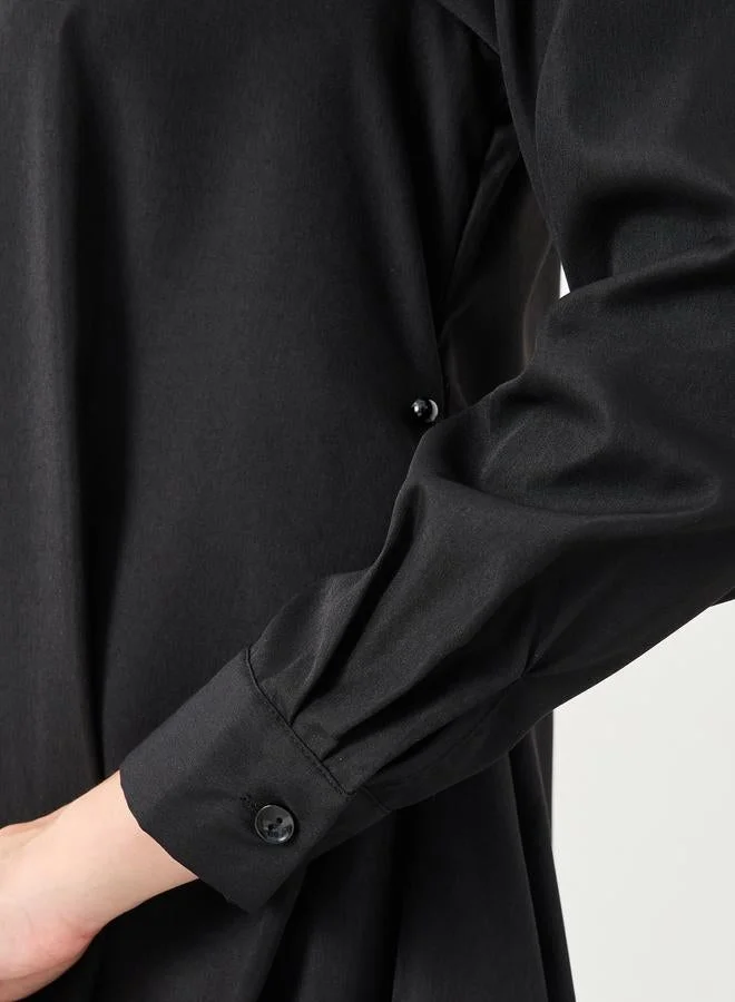 Styli Black Plain Longline Flared Shirt with Buttons