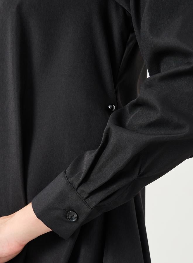 Styli Black Plain Longline Flared Shirt with Buttons - Image 3