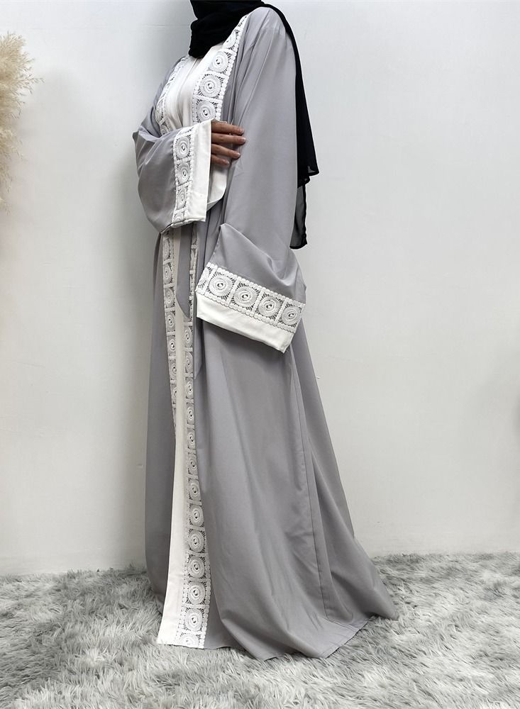 Loquat Splice Lace Cardigan Gown Abaya Grey - Image 2