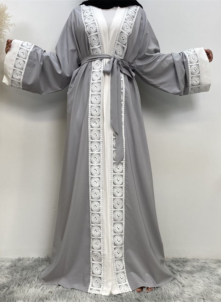 Loquat Splice Lace Cardigan Gown Abaya Grey - Image 1
