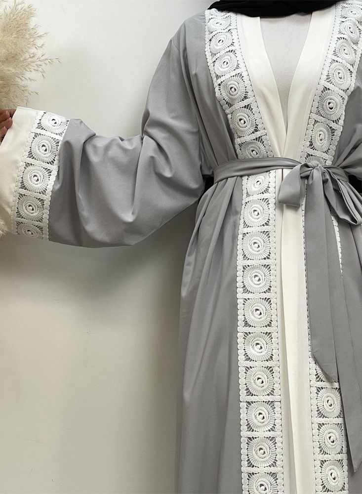Loquat Splice Lace Cardigan Gown Abaya Grey - Image 4