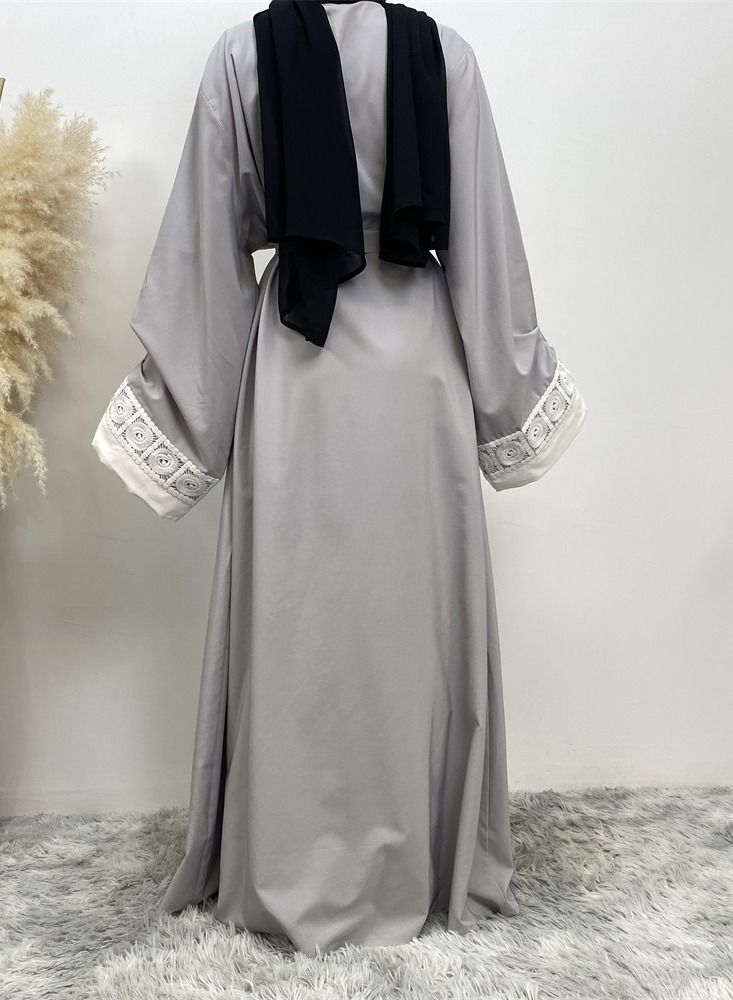 Loquat Splice Lace Cardigan Gown Abaya Grey - Image 3
