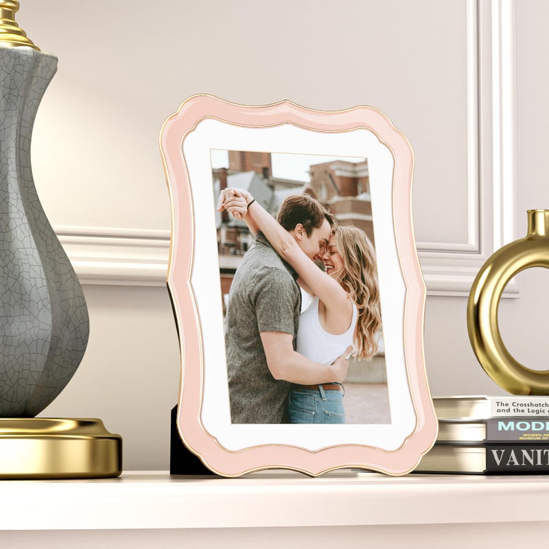 RICHFOCUS 5x7 Enamel Picture Frame with HD-Tempered Glass  Display 4x6 Photo with Mat  Ornate Photo Frame with Gold Metal Edge & Velvet Back for Tabletop & Wall Mount Vertically or Horizontally Display  Pink - Image 2