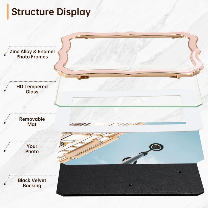 RICHFOCUS 5x7 Enamel Picture Frame with HD-Tempered Glass  Display 4x6 Photo with Mat  Ornate Photo Frame with Gold Metal Edge & Velvet Back for Tabletop & Wall Mount Vertically or Horizontally Display  Pink - Image 4