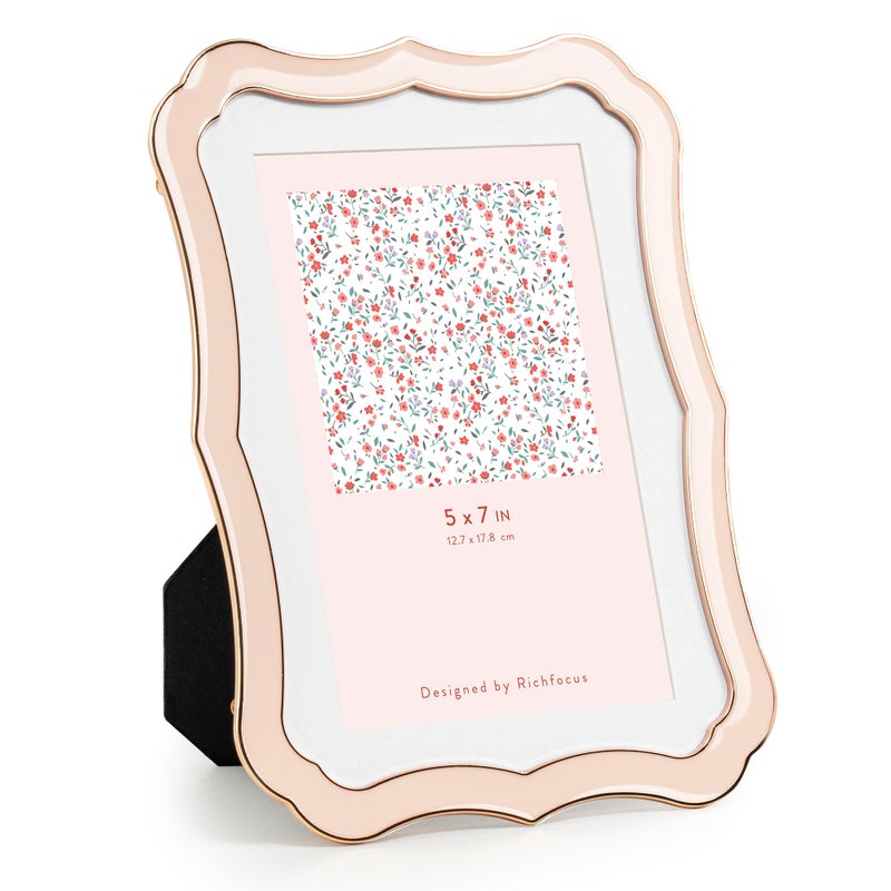 RICHFOCUS 5x7 Enamel Picture Frame with HD-Tempered Glass  Display 4x6 Photo with Mat  Ornate Photo Frame with Gold Metal Edge & Velvet Back for Tabletop & Wall Mount Vertically or Horizontally Display  Pink - Image 1