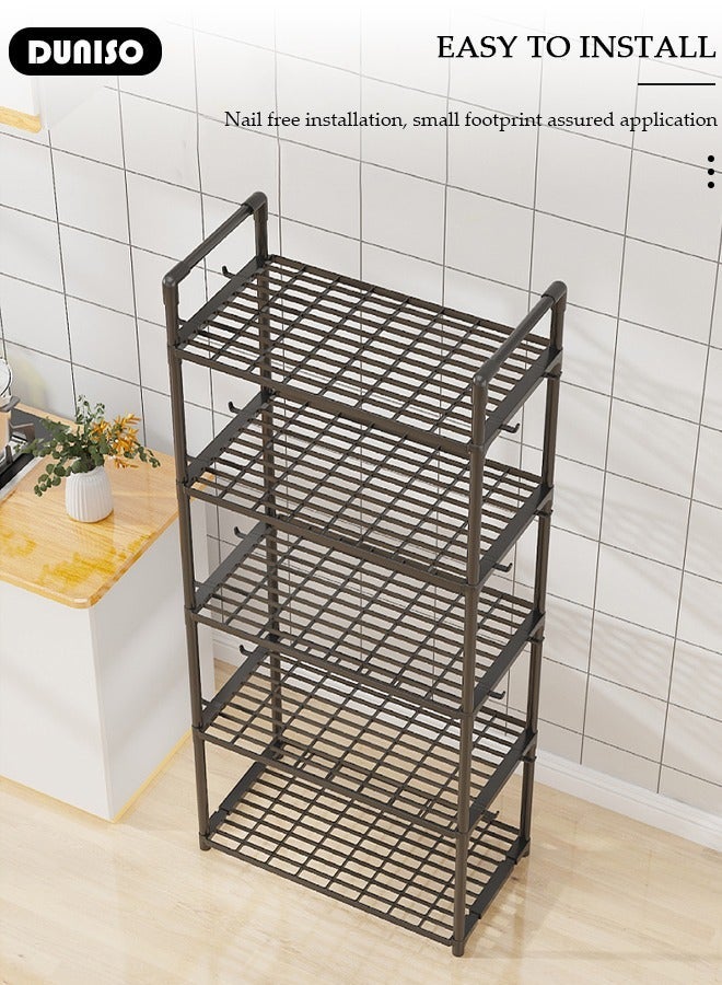 DUNISO 5-Tier Storage Shelves, Sturdy Shelf Organizer with Armrests, Removable Free Standing Rack with Hooks, Multipurpose Shelf Unit for Laundry Room, Living Room, Garage, Pantry, Study Room - Image 5