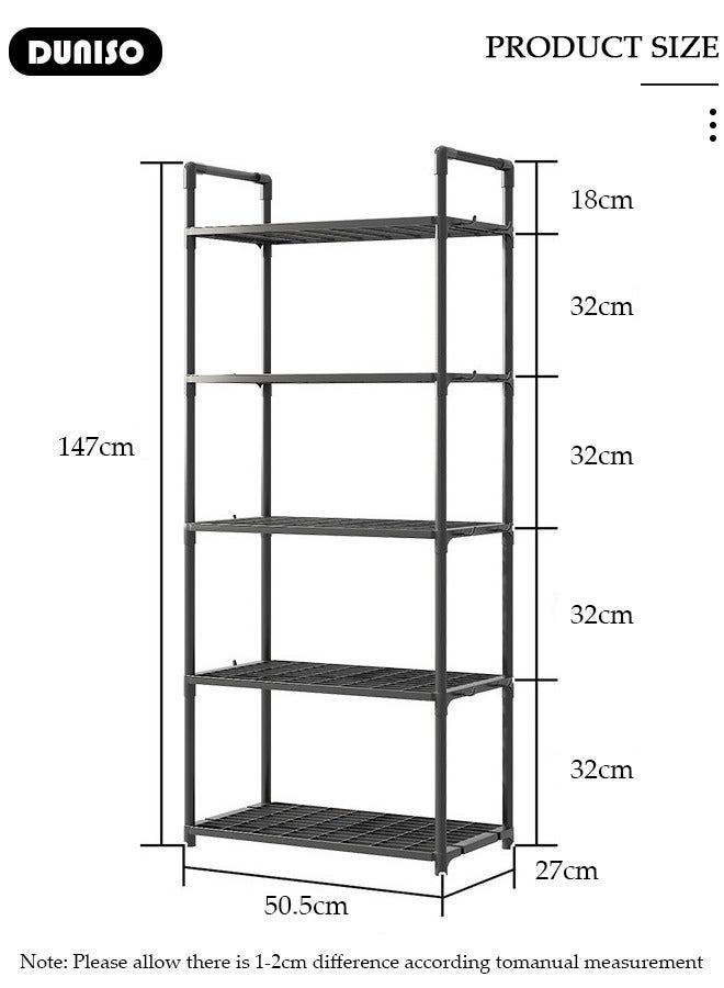 DUNISO 5-Tier Storage Shelves, Sturdy Shelf Organizer with Armrests, Removable Free Standing Rack with Hooks, Multipurpose Shelf Unit for Laundry Room, Living Room, Garage, Pantry, Study Room - Image 4