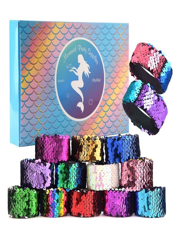KUUQA 16 Pcs Magic Sequins The Mermaid Bracelets 2-Color Sequin Reversible Glitter Slap Bracelets Charms Wristband for Kids Little Mermaid Birthday Party Favors Bags Supplies (Random Colors) - Image 1