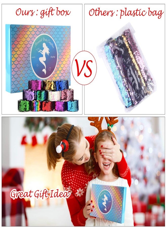 KUUQA 16 Pcs Magic Sequins The Mermaid Bracelets 2-Color Sequin Reversible Glitter Slap Bracelets Charms Wristband for Kids Little Mermaid Birthday Party Favors Bags Supplies (Random Colors) - Image 2